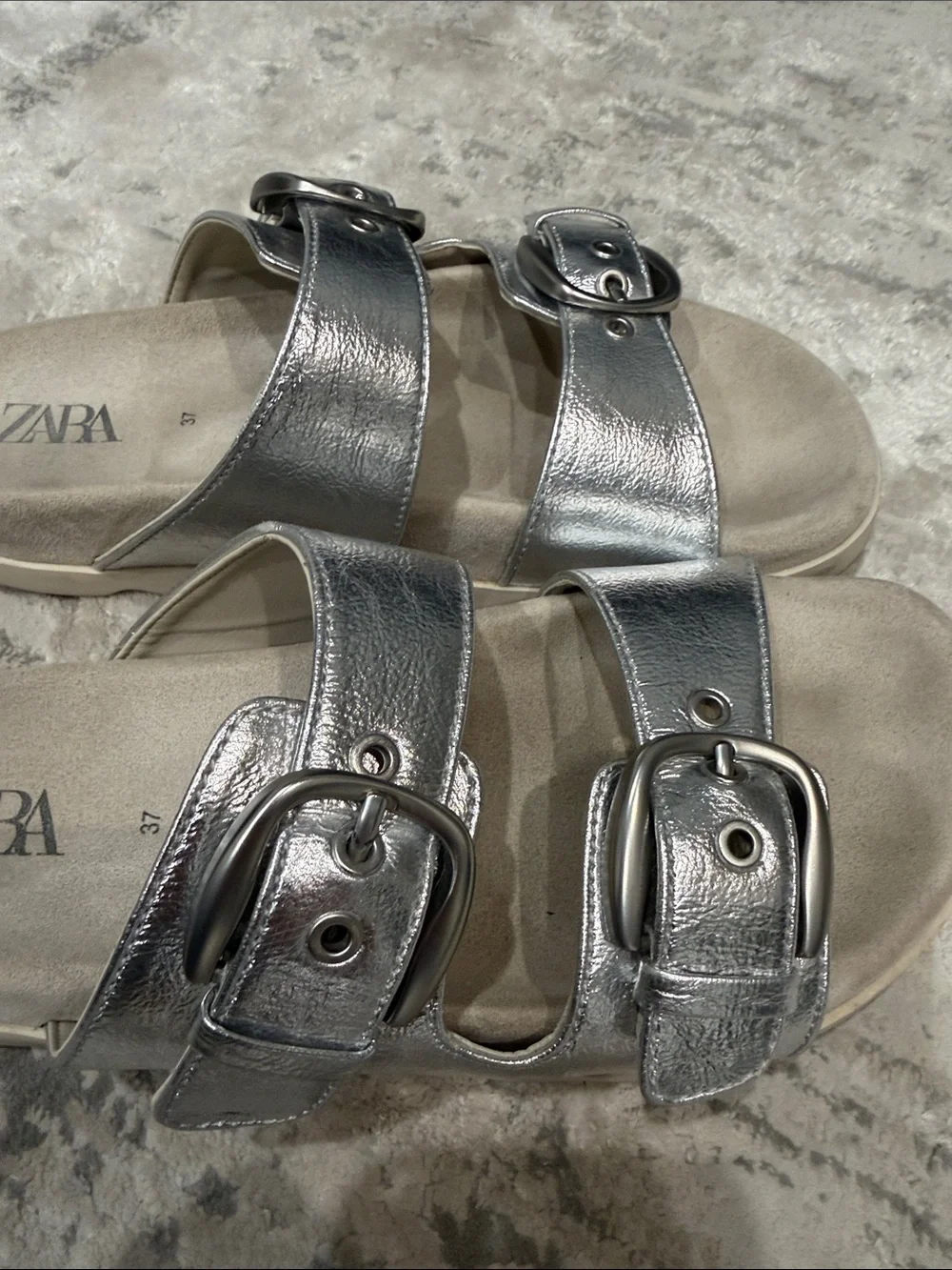 Zara Silver Double-Buckle Metallic Slide Sandals - Picture 4 of 4
